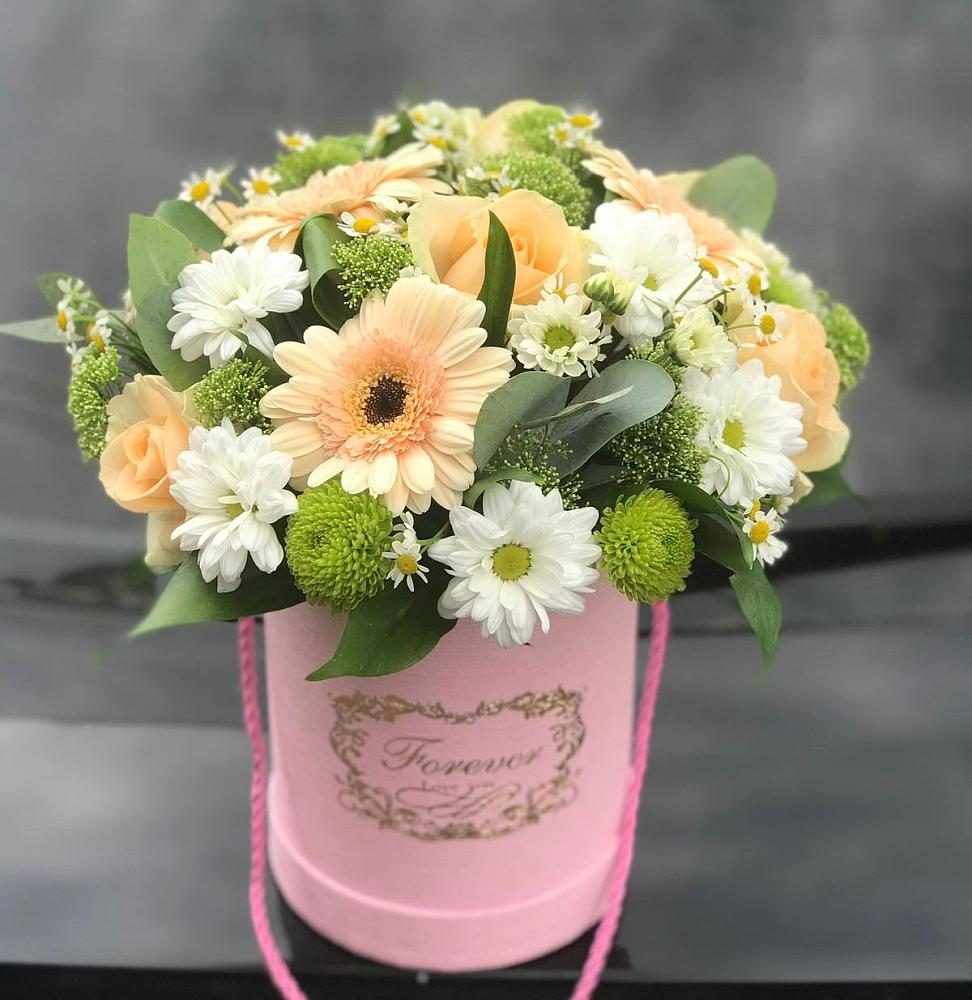 Цветочная композиция из Розы, Герберы и Хризантемы в шляпной коробке в Мурашах